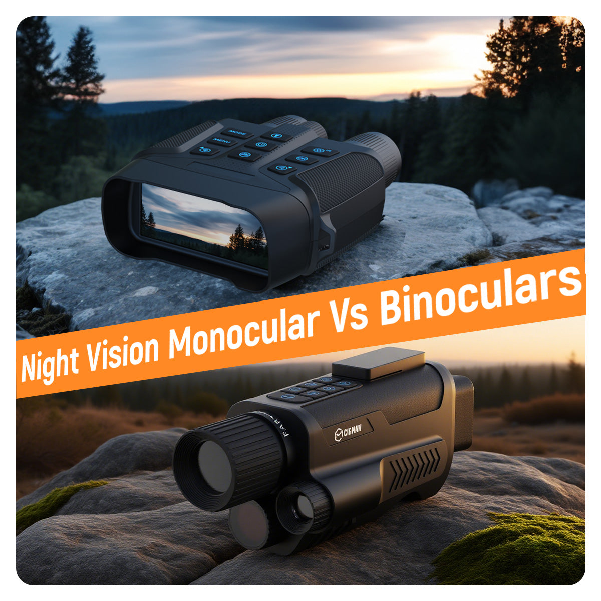 Comparison of night vision monocular and binoculars on rocky outdoor landscape at sunset