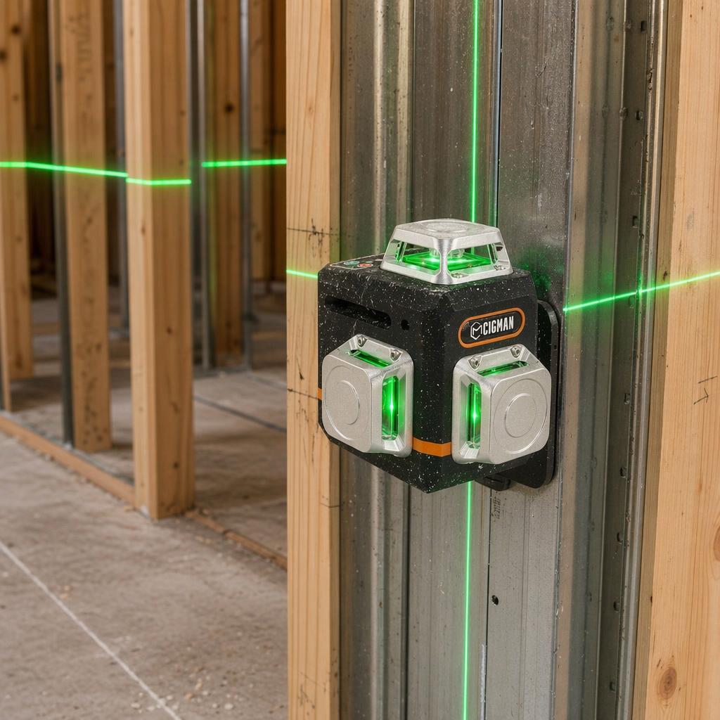 CIGMAN CM-701 laser level magnetically mounted on a metal stud projecting green laser lines across an unfinished framing room