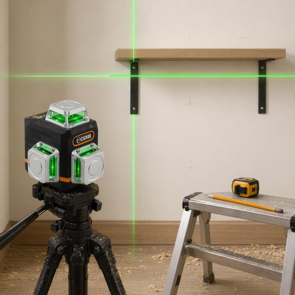 CIGMAN CM-701 laser level on tripod projecting straight green cross lines for shelf installation indoors