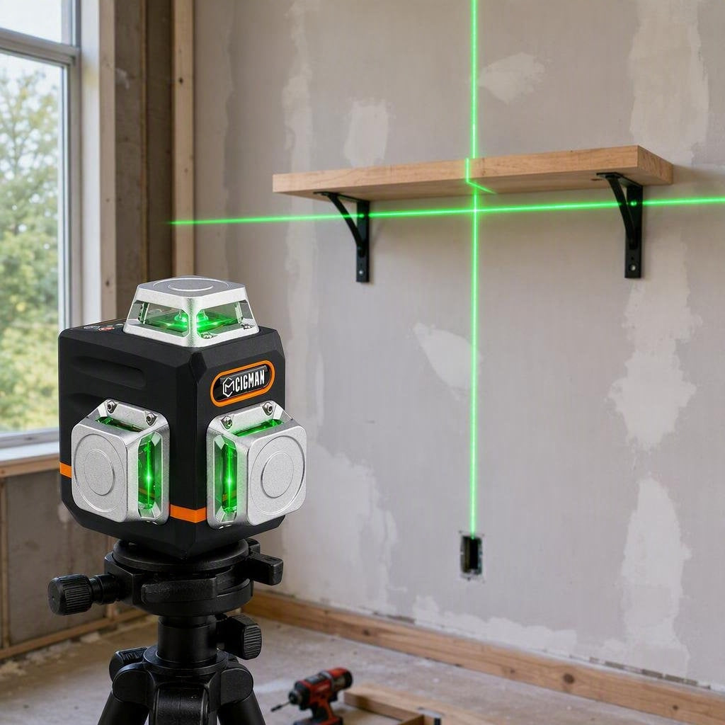 CIGMAN CM-701 green laser level on a tripod projecting a green cross-line while mounting a wooden shelf