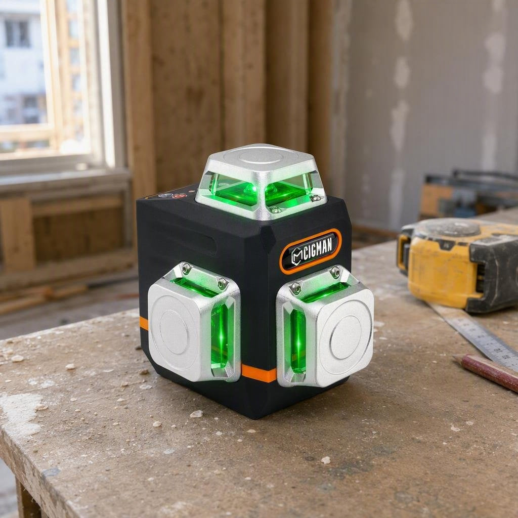 CIGMAN CM-701 green laser level on a workbench at a construction site with a tape measure and ruler