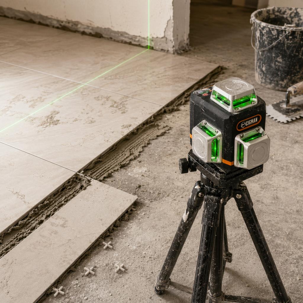 CIGMAN CM-701 laser level on tripod projecting green cross beams on chalk-lined concrete subfloor ready for tile installation