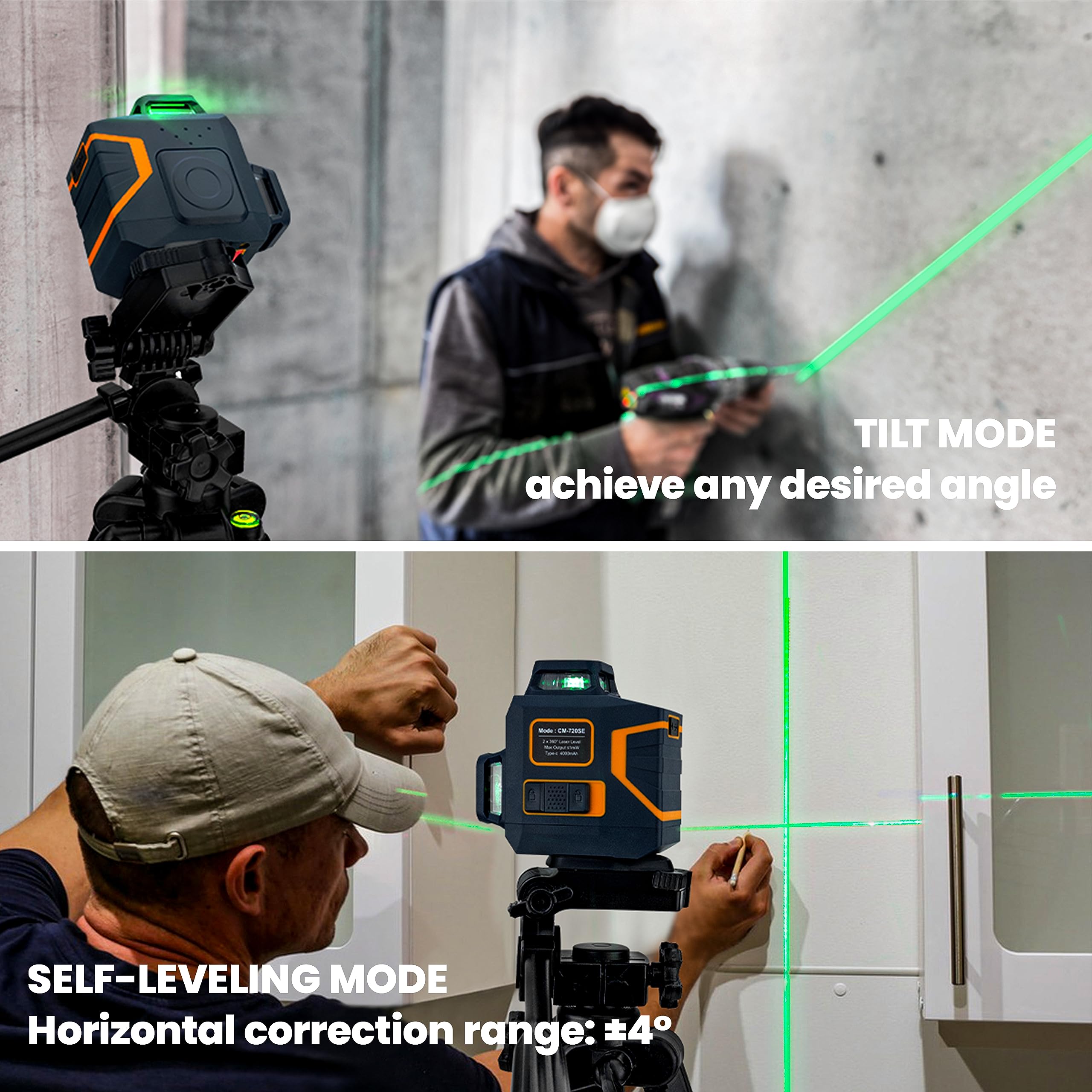 CIGMAN CM-720SE 8 Lines Laser Level  Self Leveling 3x360° Green Cross Line for Construction, Picture Hanging and Decoration with Rechargeable Battery and Magnetic L-Shaped Bracket Included