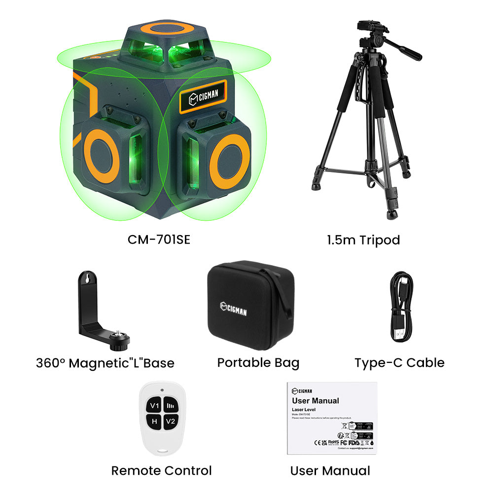 CIGMAN CM-701SE 12 Lines Laser Level  Self Leveling 3x360°3D Green Cross Line With Remote Controller and Magnetic L-Shaped Bracket