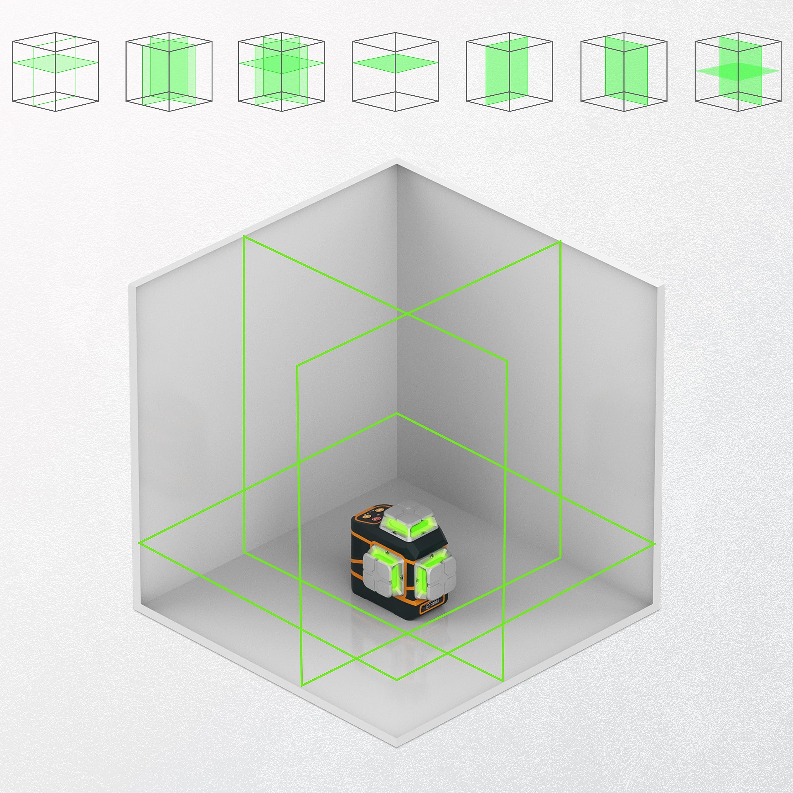 CIGMAN CM-801 Niveau laser auto-nivelant 3x360 ° 3D ligne croisée verte avec deux piles rechargeables, télécommande et support magnétique en forme de L