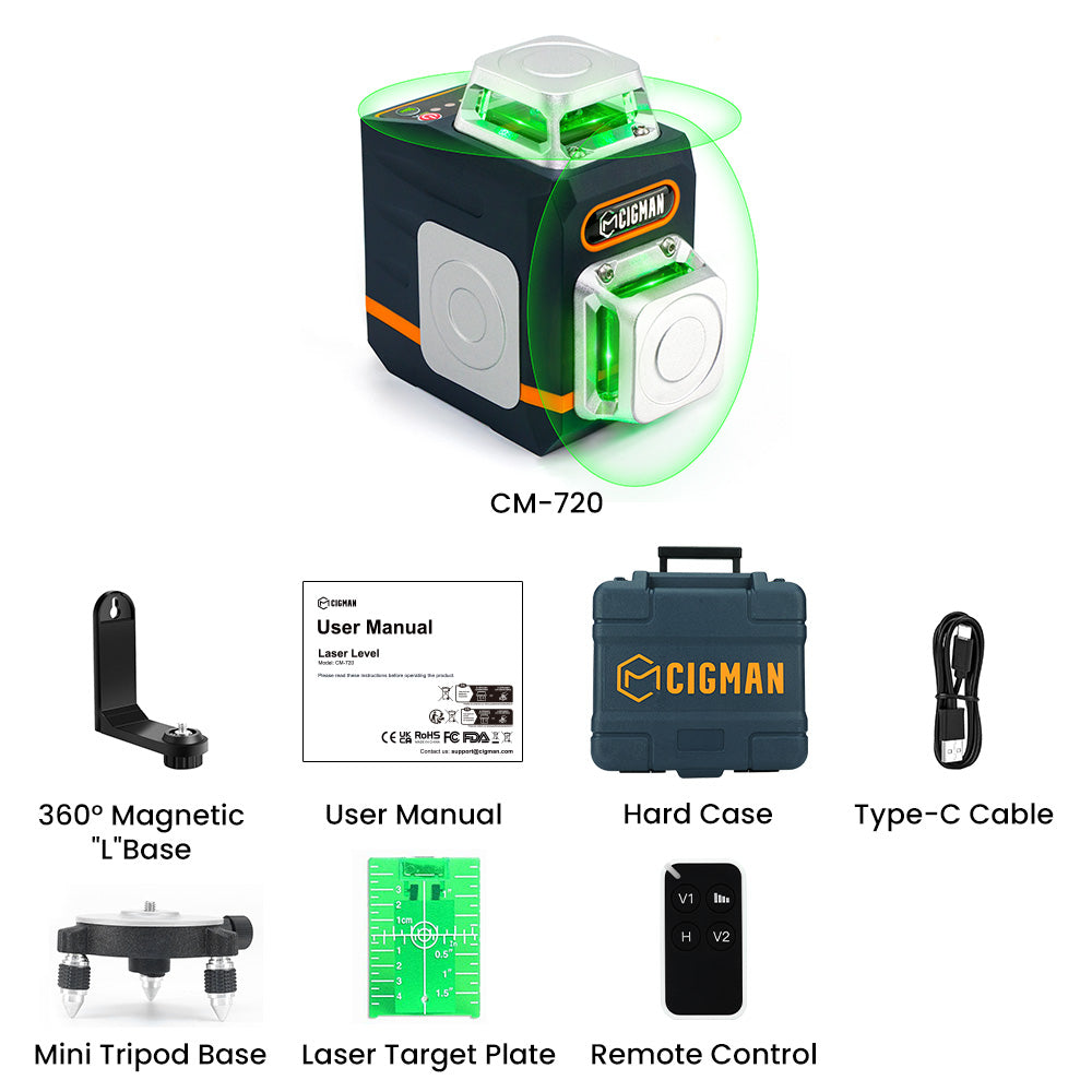 CIGMAN CM720 Niveau laser à nivellement automatique 2 x 360° avec télécommande, piles de chargeur de type C