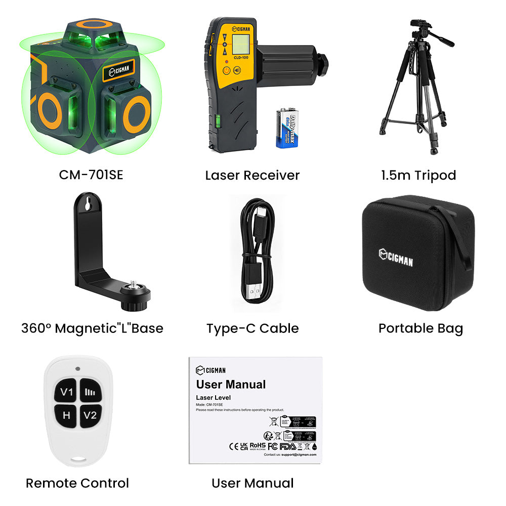 CIGMAN CM-701SE 12 Lines Laser Level  Self Leveling 3x360°3D Green Cross Line With Remote Controller and Magnetic L-Shaped Bracket