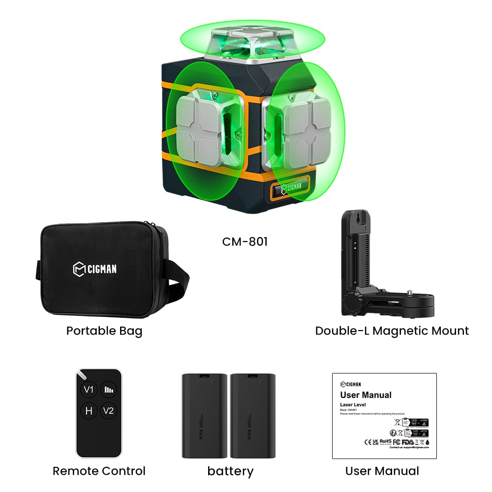 CIGMAN CM-801 Niveau laser auto-nivelant 3x360 ° 3D ligne croisée verte avec deux piles rechargeables, télécommande et support magnétique en forme de L