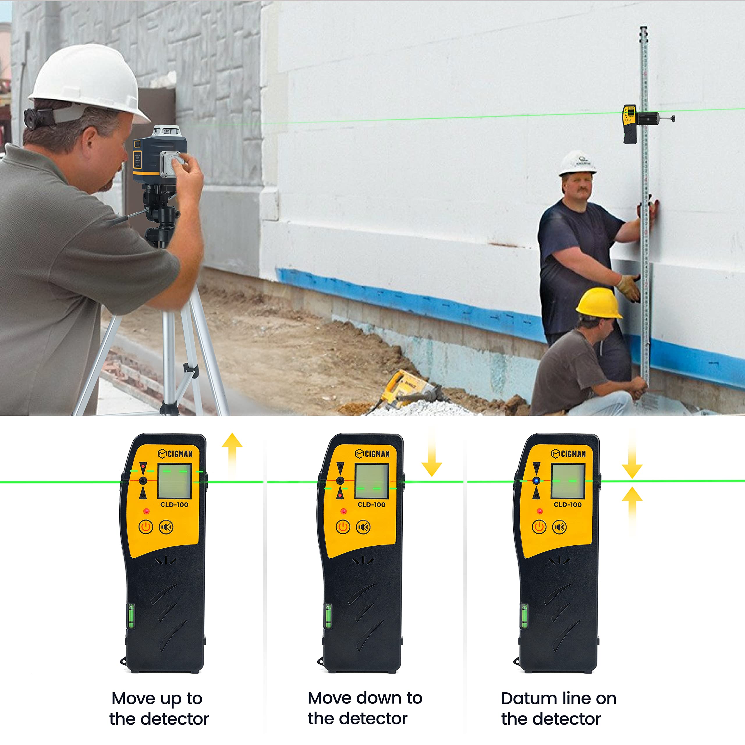 CIGMAN CLD-100 Laser Detector for Line Laser Level, Green Laser and Red Beam Receiver for Pulsing Line Lasers Up to 165ft, Digital Laser Receiver with Three-Sided LED Displays, Rod Clamp Included
