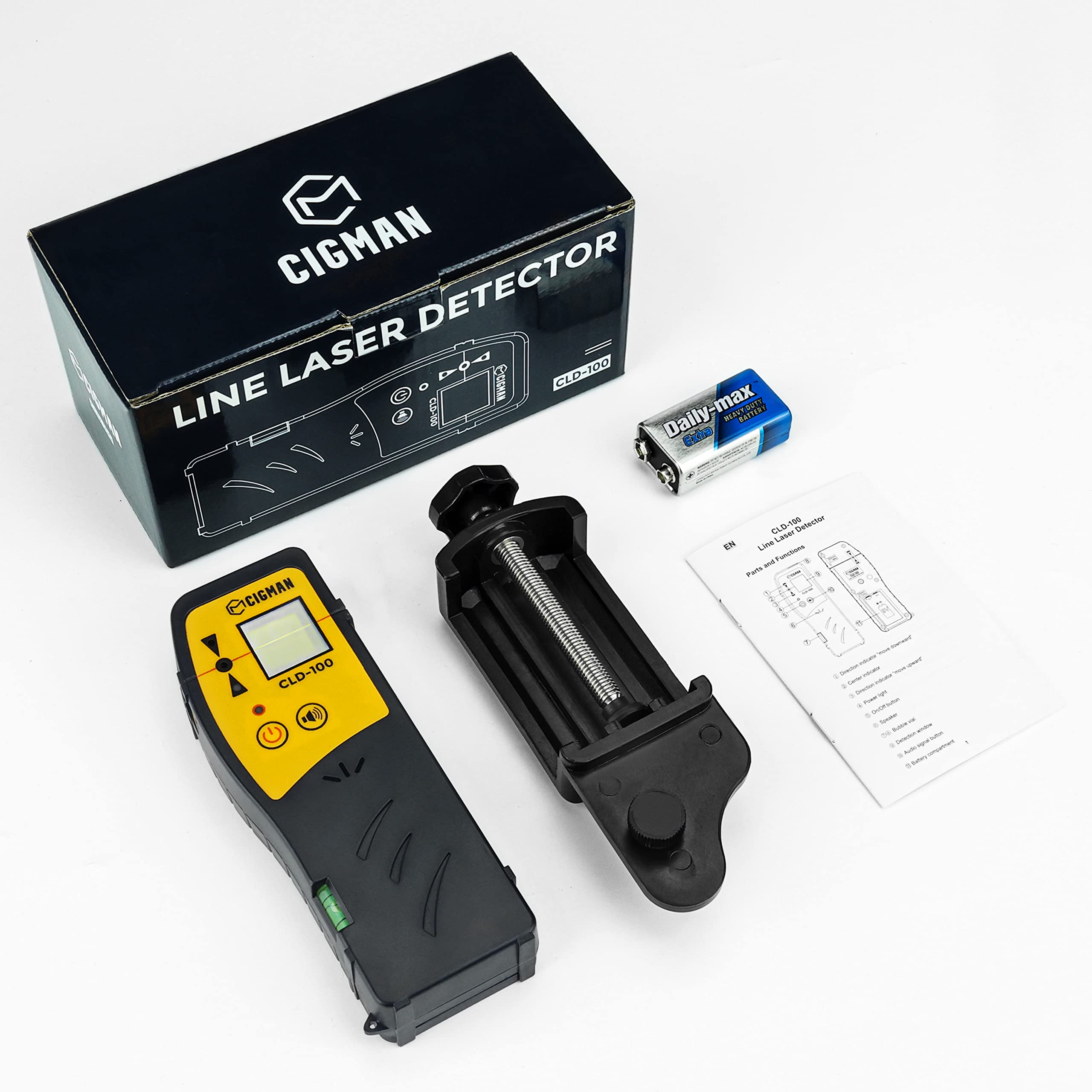 CIGMAN CLD-100 Détecteur laser pour niveau laser ligne, récepteur laser vert et faisceau rouge pour lasers ligne pulsés jusqu'à 165 pieds, récepteur laser numérique avec écrans LED sur trois côtés, pince à tige incluse