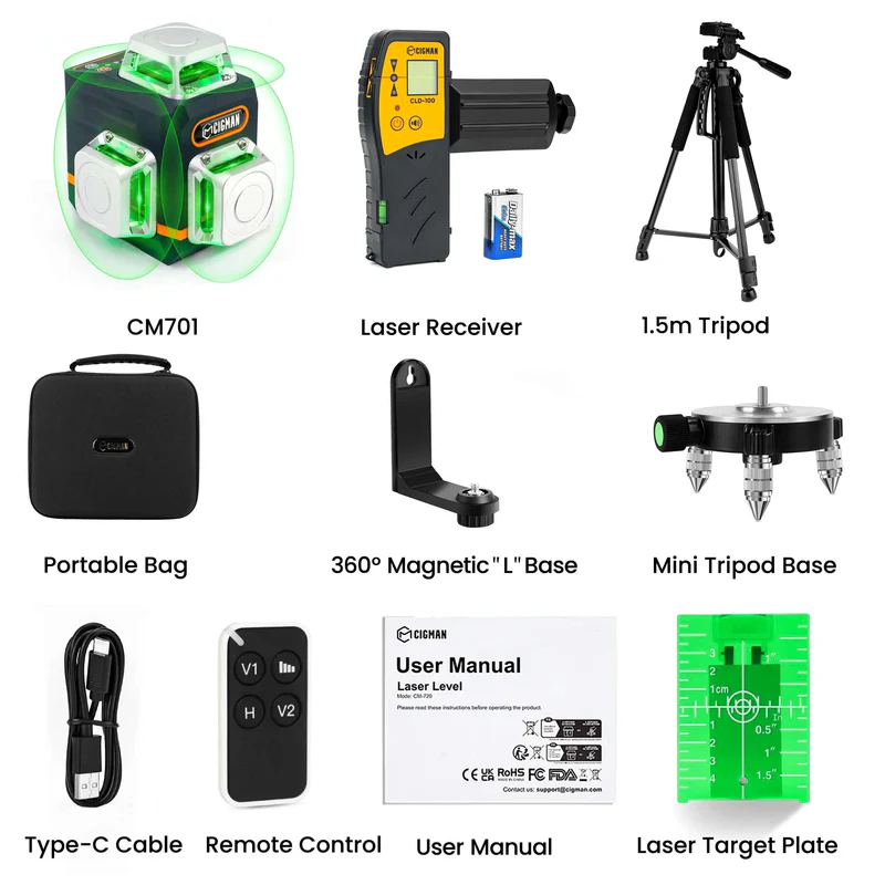 CIGMAN CM-701 Niveau laser auto-nivelant 3x360°, niveau laser vert 100 pieds avec télécommande