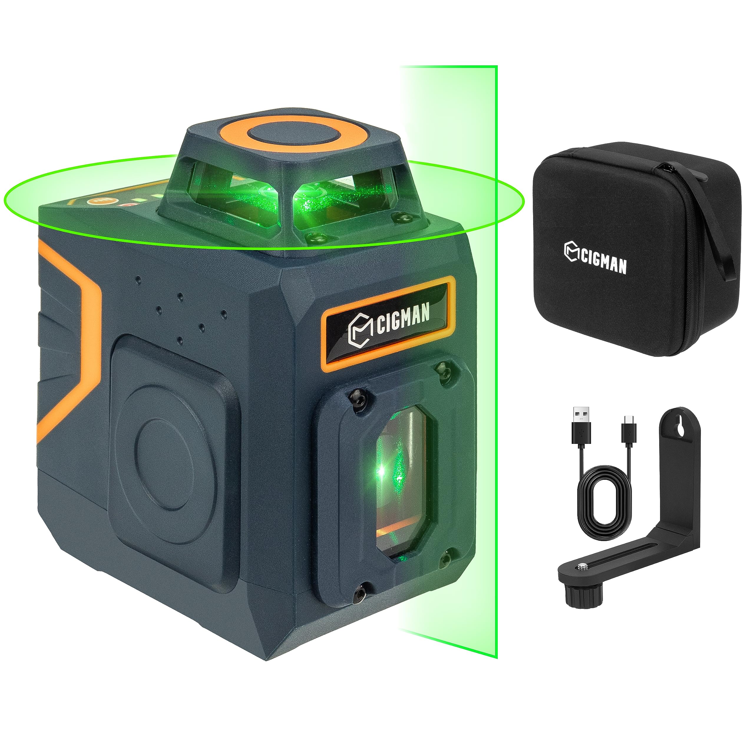 CIGMAN CM-605 5-Linien-Laser-Nivellierlaser, umschaltbar, 1 x 360° + 1 x 180° Laserfenster, grüne Laserlinie 30 m (bis zu 50 m mit Detektor), integrierter wiederaufladbarer Akku, Drehständer