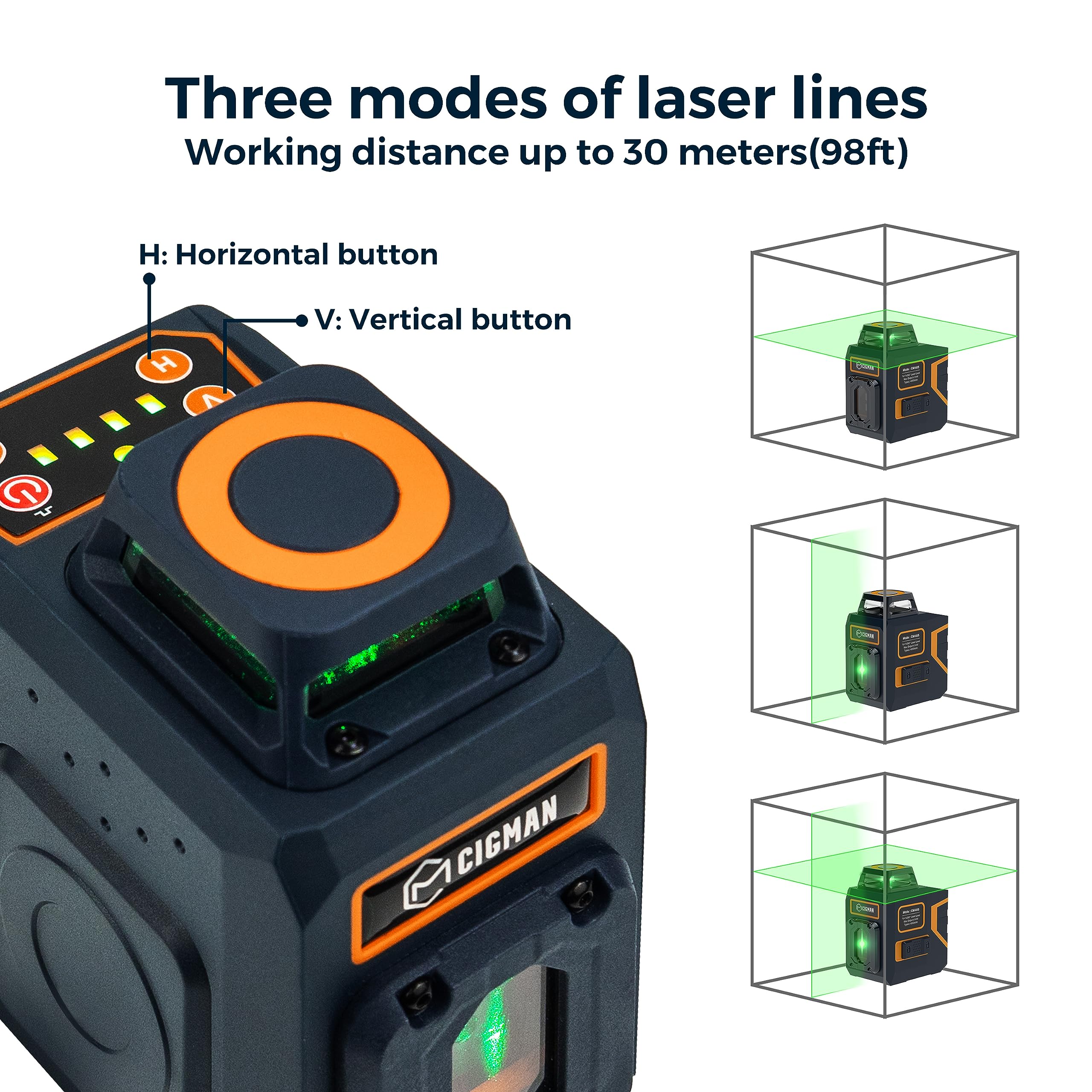 CIGMAN CM-605 Niveau laser 5 lignes commutable 1x360°+1x180° Fenêtre laser, ligne laser verte 30M (jusqu'à 50M avec détecteur), batterie rechargeable intégrée, support rotatif