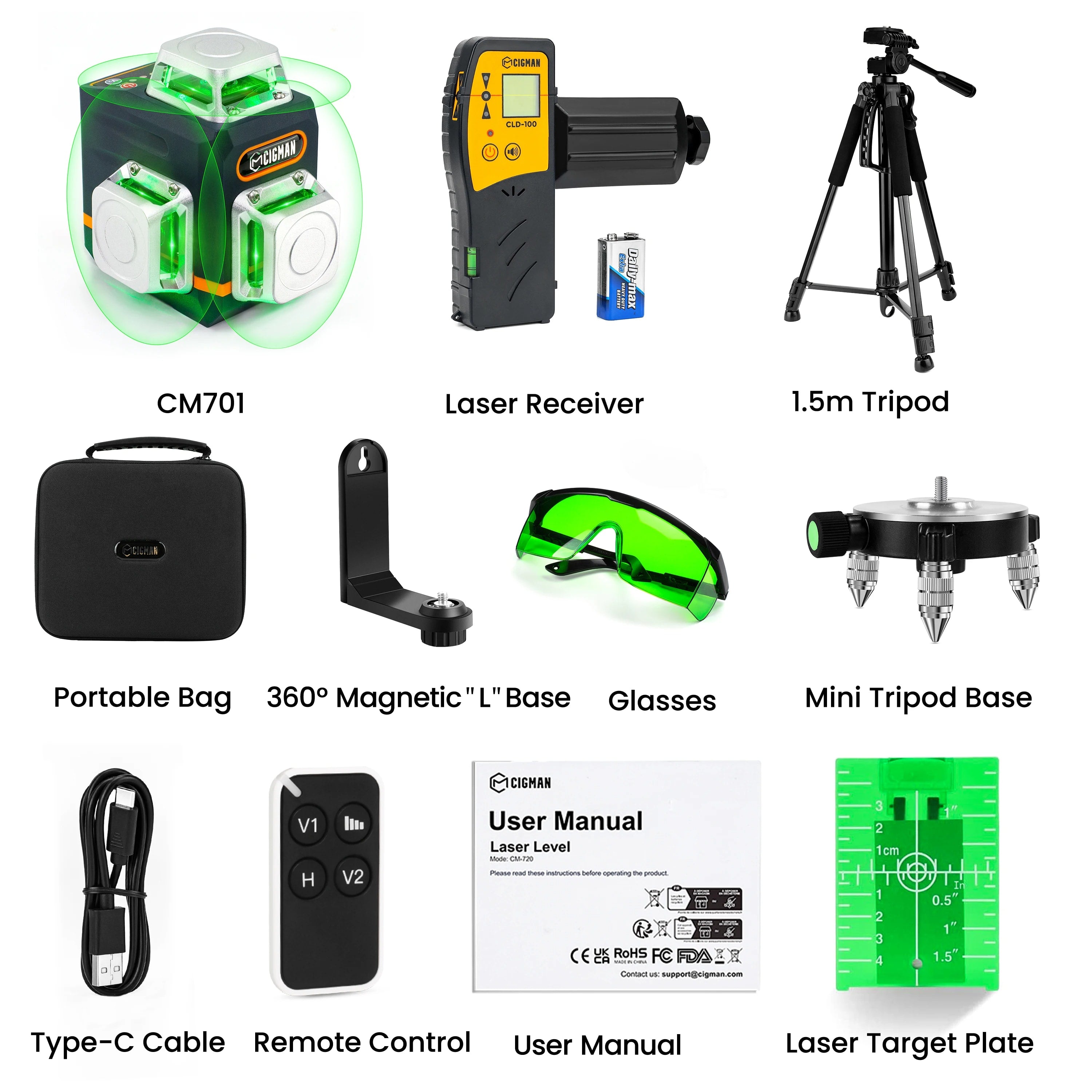 CIGMAN CM-701 3x360° Self Leveling Laser Level, 100ft Green Laser Level with Remote Control
